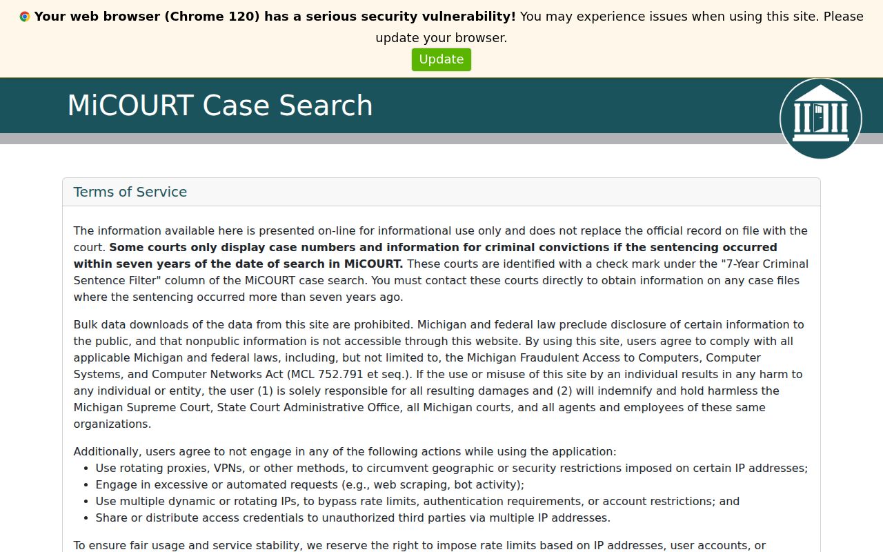 Keweenaw County case search MiCOURT landing page