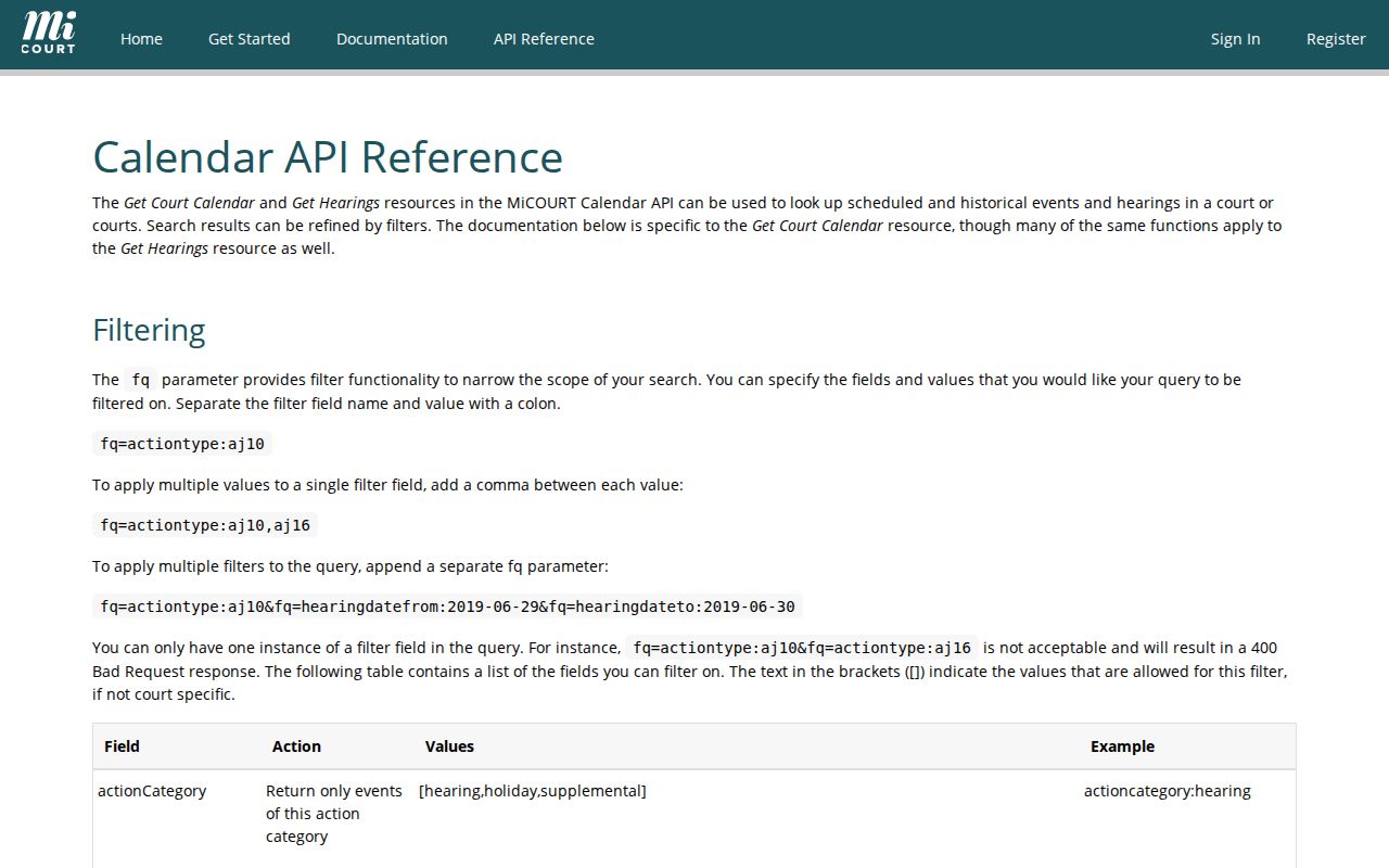 MiCOURT calendar API reference page showing calendar and hearing fields