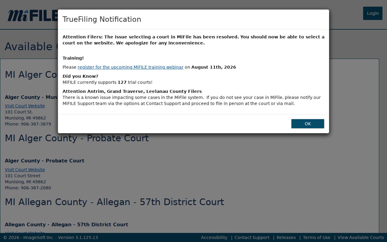 MiFILE available-courts directory listing Keweenaw court entries